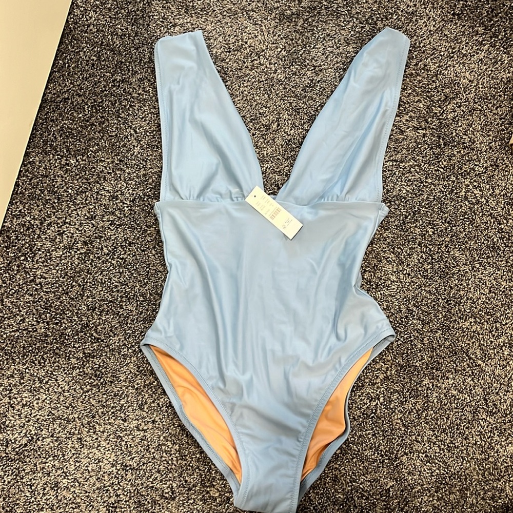 J.Crew V-Neck One-Piece Swimsuit Blue Mist BF163 New With Tags Women's Size 8